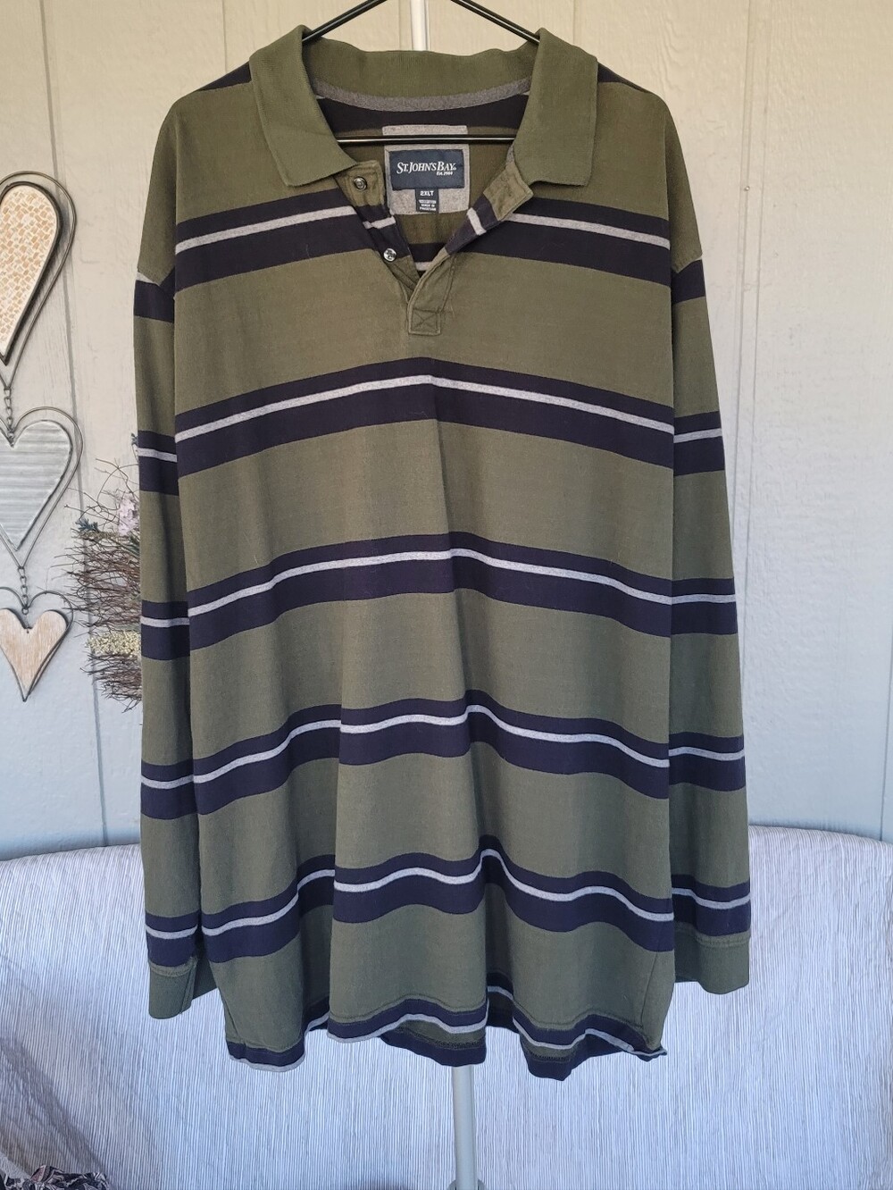 St. John's Bay Men’s Olive Green Striped Rugby Polo XLT (Tall)